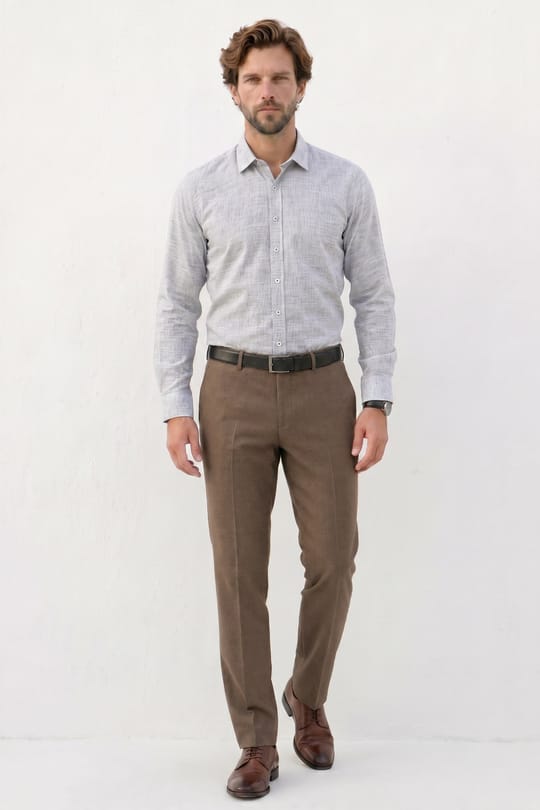Erkek Regular Fit Klasik Kesim Oversize %100 Pamuk Keten Doku Gri Gömlek
