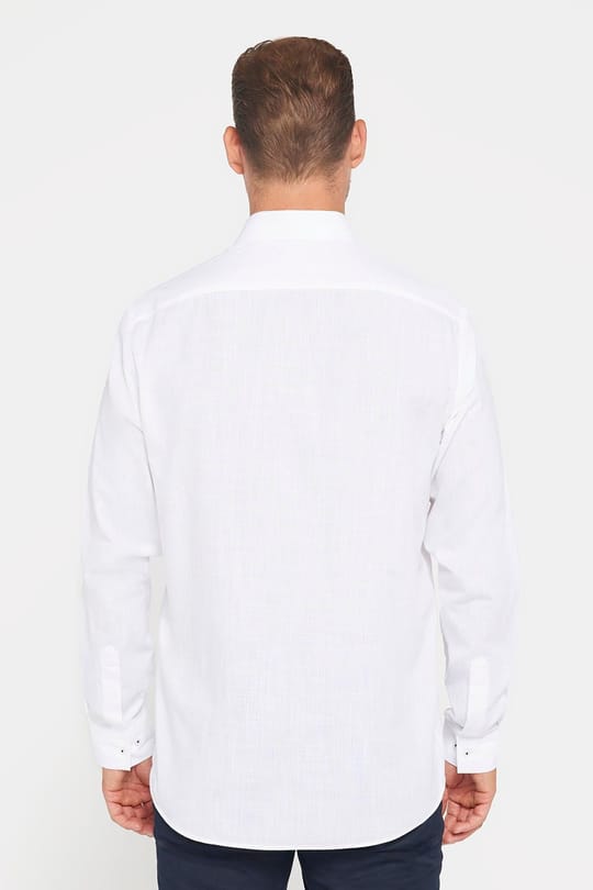 Erkek Regular Fit Klasik Kesim Oversize %100 Pamuk Keten Doku Beyaz Gömlek