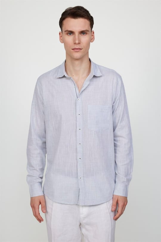 Erkek Regular Fit Klasik Kesim Oversize %100 Pamuk Keten Doku Gri Gömlek