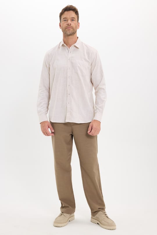 Erkek Regular Fit Klasik Kesim Oversize %100 Pamuk Keten Doku Bej Gömlek