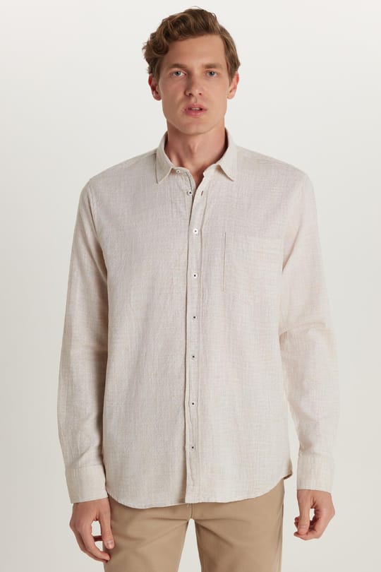 Erkek Regular Fit Klasik Kesim Oversize %100 Pamuk Keten Doku Bej Gömlek