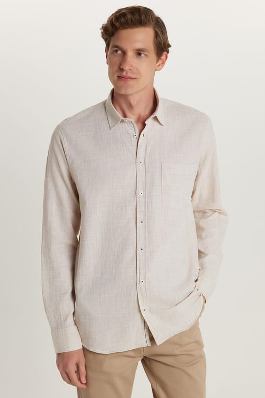 Erkek Regular Fit Klasik Kesim Oversize %100 Pamuk Keten Doku Bej Gömlek