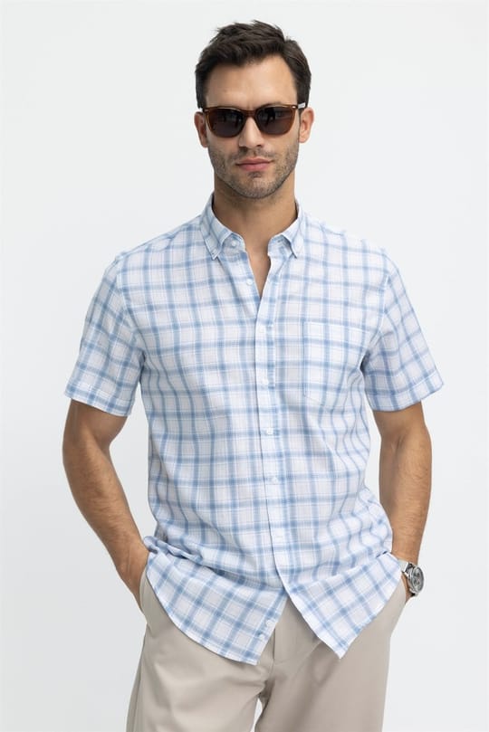 Erkek Regular Fit Klasik Kesim Oversize %100 Pamuk Keten Doku Kareli Düğmeli Yaka Mavi Gömlek