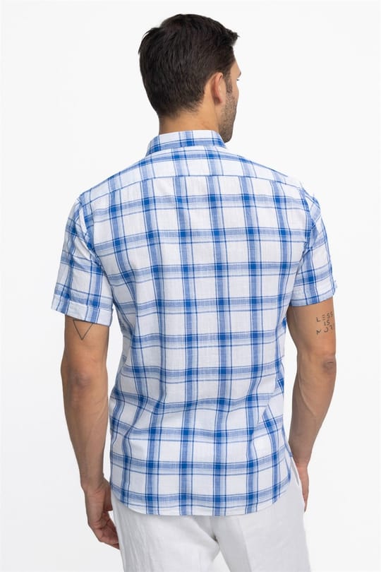 Erkek Regular Fit Klasik Kesim Oversize %100 Pamuk Keten Doku Kareli Düğmeli Yaka Gömlek