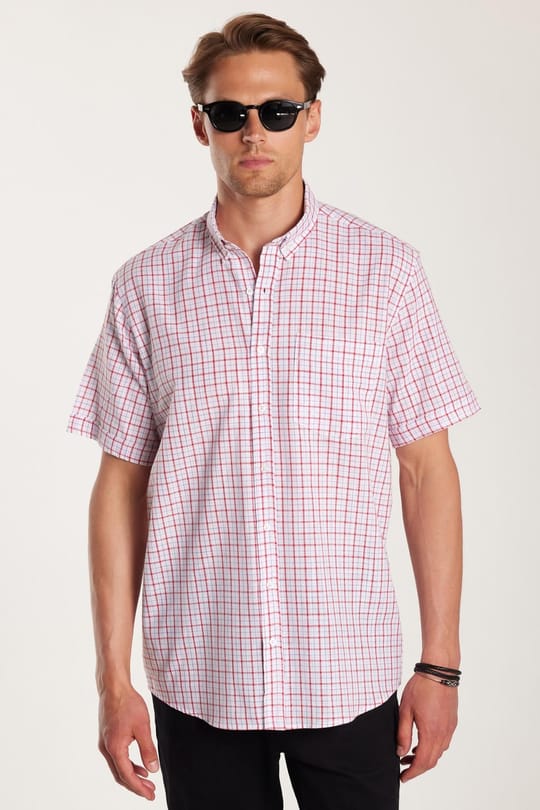 Erkek Regular Fit Klasik Kesim Oversize %100 Pamuk Keten Doku Kareli Düğmeli Yaka Beyaz Gömlek
