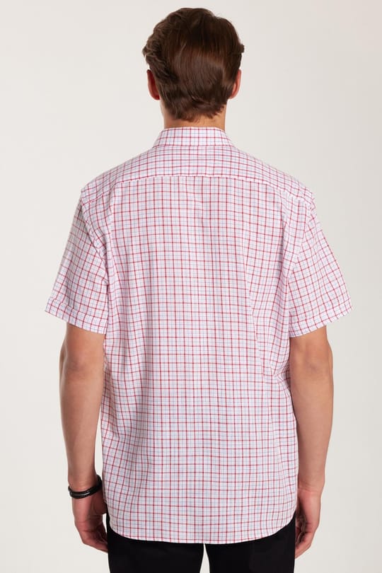 Erkek Regular Fit Klasik Kesim Oversize %100 Pamuk Keten Doku Kareli Düğmeli Yaka Beyaz Gömlek