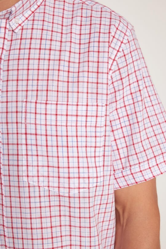Erkek Regular Fit Klasik Kesim Oversize %100 Pamuk Keten Doku Kareli Düğmeli Yaka Beyaz Gömlek