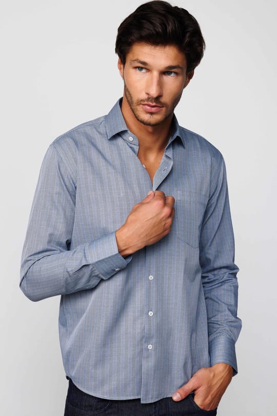 Klasik Fit İnce Çizgili Pamuklu Kravatlık Yaka Gri  Erkek Gömlek