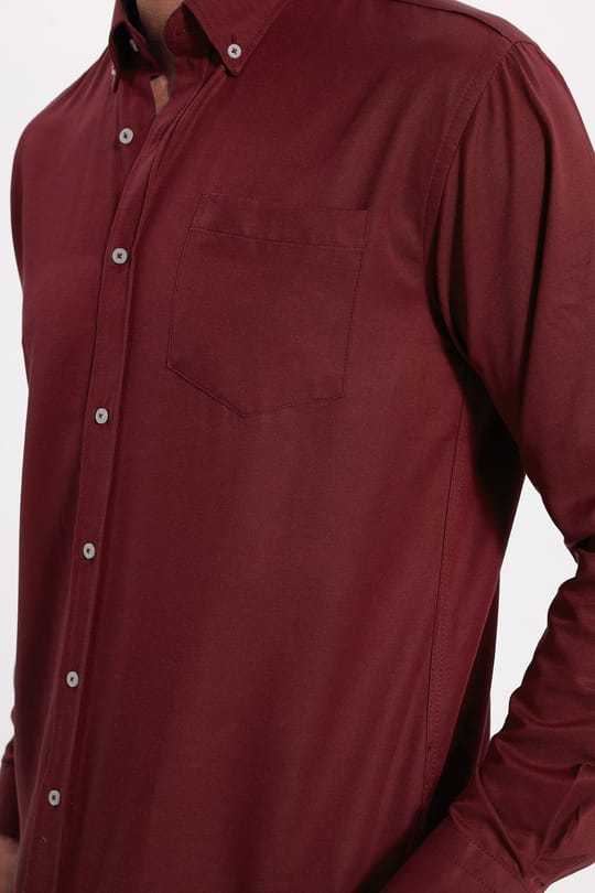 Erkek Regular Fit Klasik Kesim Düğmeli Yaka Pamuklu Uzun Kollu Cepli Bordo Gömlek