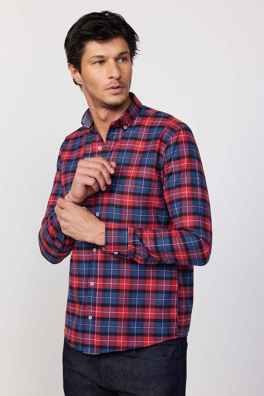 Erkek Regular Fit Klasik Kesim Düğmeli Yaka Küçük Kareli Pamuklu Bordo Gömlek