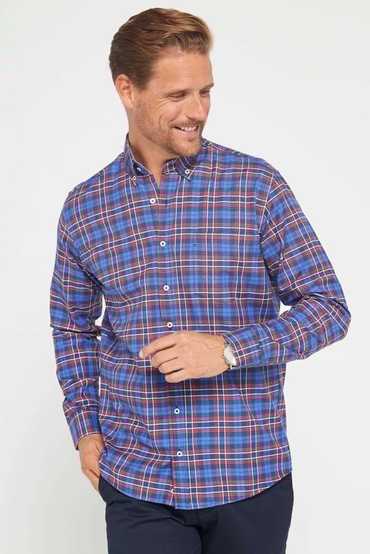 Klasik Fit Uzun Kollu Düğmeli Yaka Küçük Kareli Pamuklu Erkek Gömlek