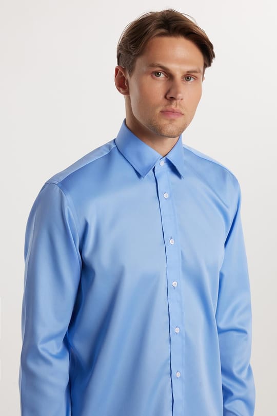 Regular Fit Mavi Non-Iron %100 Pamuk Doğa Dostu Ekoteks Belgeli Ütü Gerektirmez Gömlek