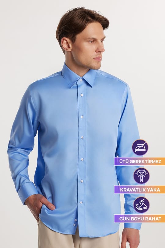 Regular Fit Non-Iron %100 Pamuk Doğa Dostu Ekoteks Belgeli Ütü Gerektirmez Mavi Gömlek