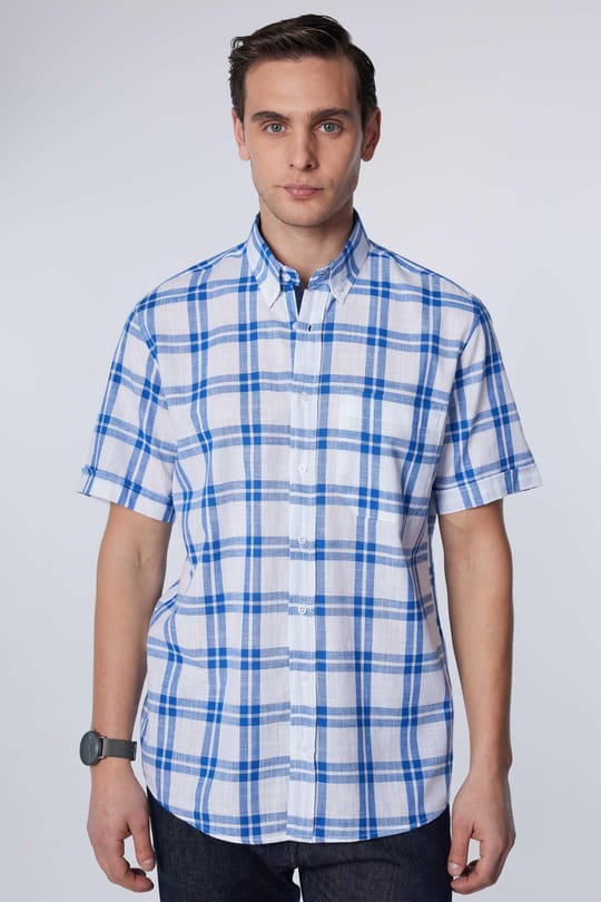 Erkek Regular Fit Klasik Kesim Oversize %100 Pamuk Keten Doku Tek Cep Kareli Düğmeli Yaka Gömlek