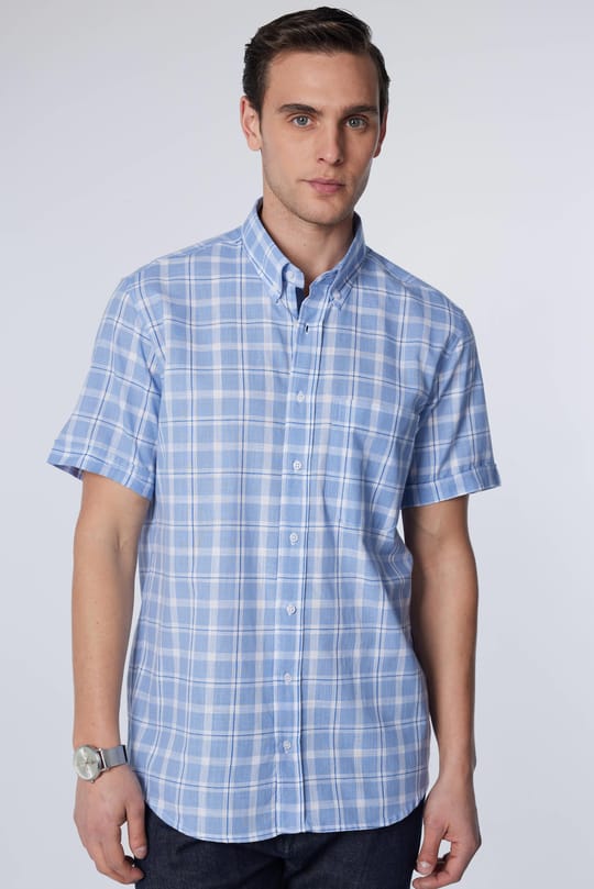 Erkek Regular Fit Klasik Kesim Oversize %100 Pamuk Keten Doku Tek Cep Kareli Düğmeli Yaka Gömlek