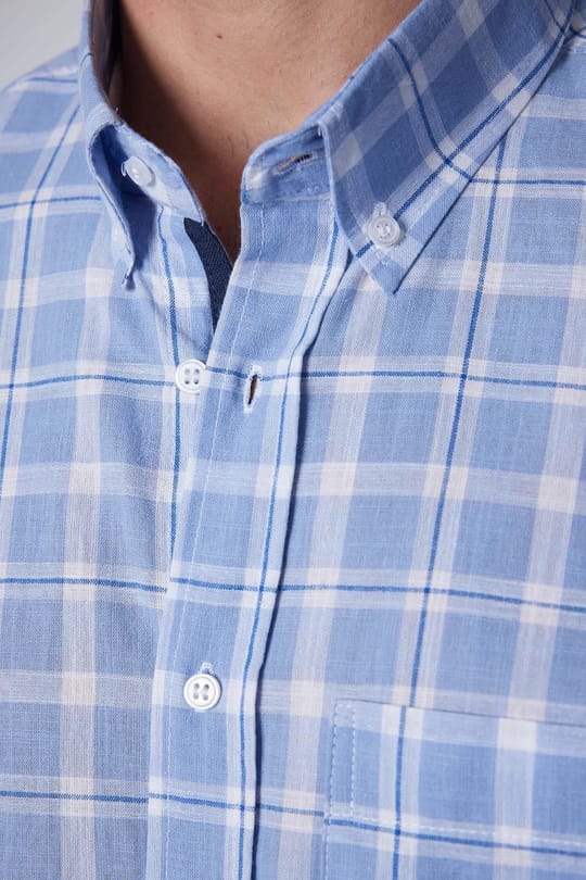 Erkek Regular Fit Klasik Kesim Oversize %100 Pamuk Keten Doku Tek Cep Kareli Düğmeli Yaka Gömlek