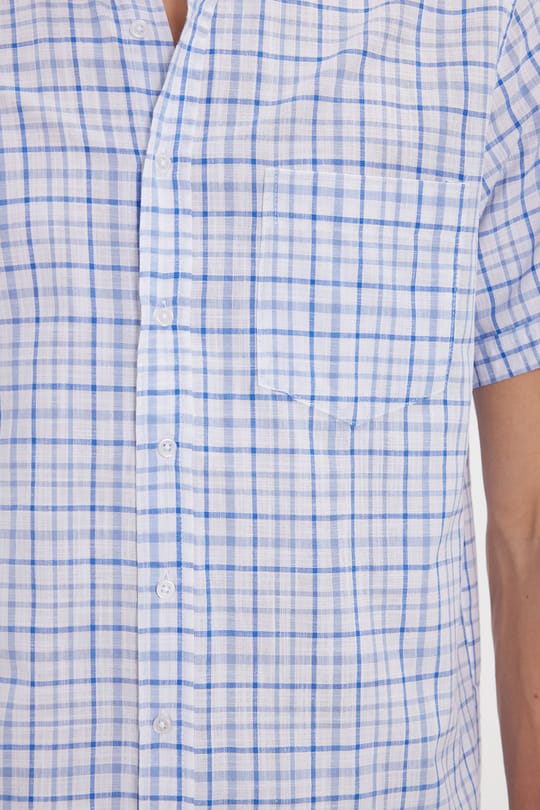 Erkek Regular Fit Klasik Kesim Oversize %100 Pamuk Keten Doku Tek Cep Kareli Düğmeli Yaka Gömlek