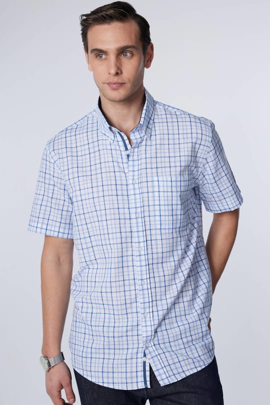 Klasik Fit Kısa Kol Düğmeli Yaka Tek Cep Kareli Yazlık Keten Efekt Erkek Gömlek