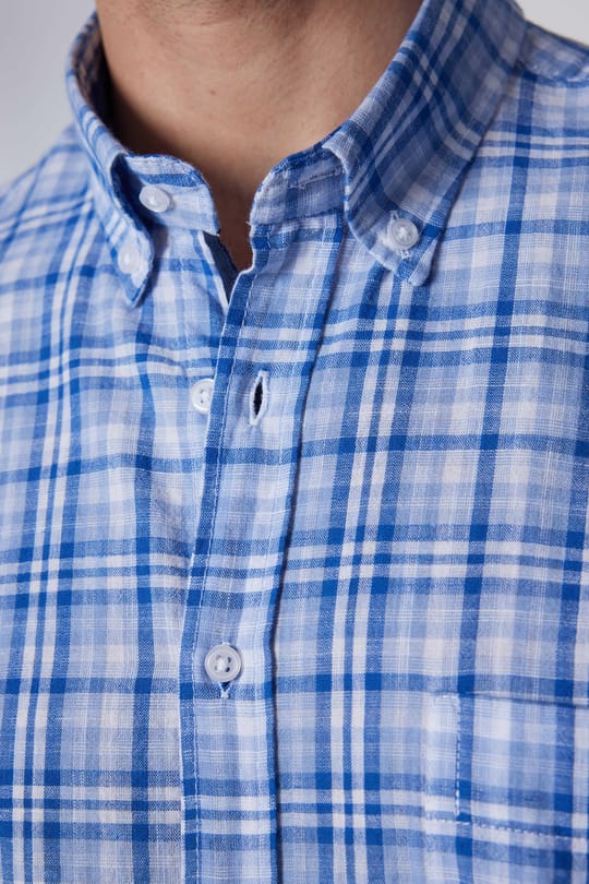 Erkek Regular Fit Klasik Kesim Oversize %100 Pamuk Keten Doku Tek Cep Kareli Düğmeli Yaka Gömlek
