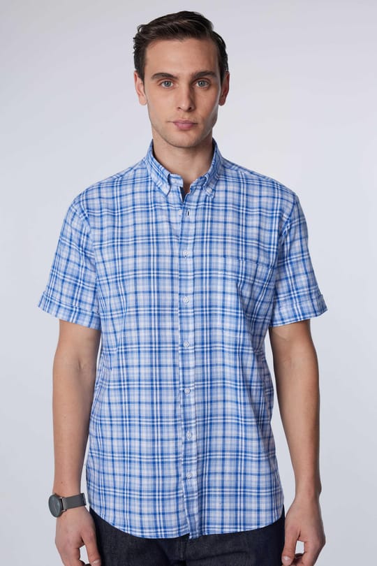 Erkek Regular Fit Klasik Kesim Oversize %100 Pamuk Keten Doku Tek Cep Kareli Düğmeli Yaka Gömlek