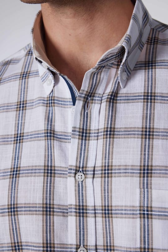 Erkek Regular Fit Klasik Kesim Oversize %100 Pamuk Keten Doku Tek Cep Kareli Düğmeli Yaka Gömlek