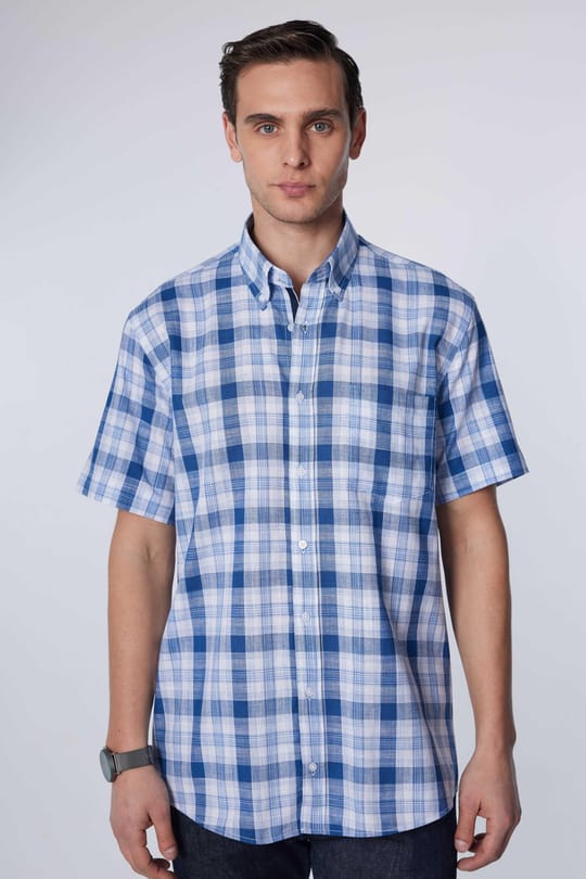 Erkek Regular Fit Klasik Kesim Oversize %100 Pamuk Keten Doku Tek Cep Kareli Düğmeli Yaka Gömlek