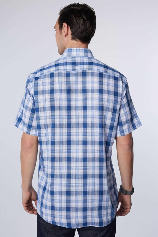 Erkek Regular Fit Klasik Kesim Oversize %100 Pamuk Keten Doku Tek Cep Kareli Düğmeli Yaka Gömlek