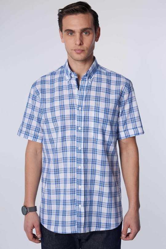 Erkek Regular Fit Klasik Kesim Oversize %100 Pamuk Keten Doku Tek Cep Kareli Düğmeli Yaka Gömlek