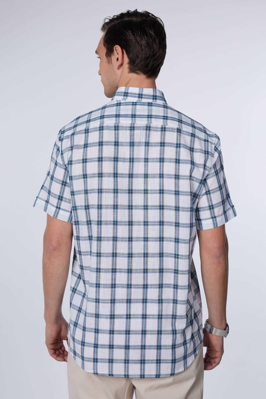 Erkek Regular Fit Klasik Kesim Oversize %100 Pamuk Keten Doku Tek Cep Kareli Düğmeli Yaka Gömlek