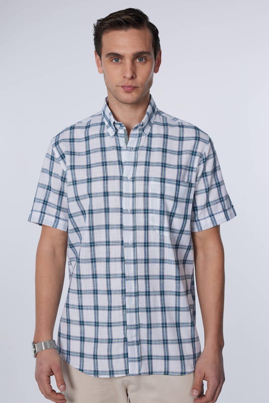 Erkek Regular Fit Klasik Kesim Oversize %100 Pamuk Keten Doku Tek Cep Kareli Düğmeli Yaka Gömlek