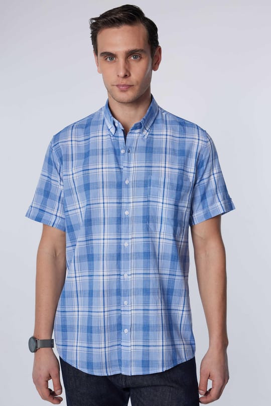 Erkek Regular Fit Klasik Kesim Oversize %100 Pamuk Keten Doku Tek Cep Kareli Düğmeli Yaka Gömlek