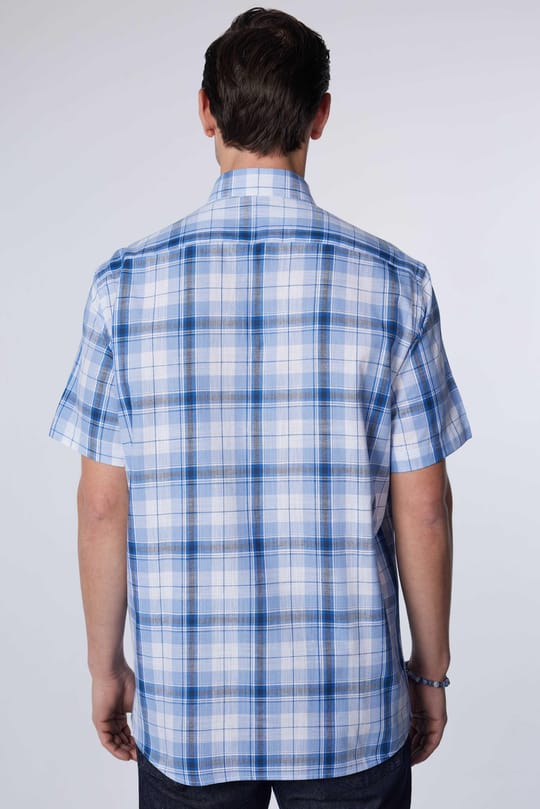 Erkek Regular Fit Klasik Kesim Oversize %100 Pamuk Keten Doku Tek Cep Kareli Düğmeli Yaka Gömlek