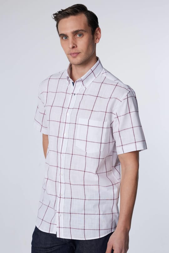 Erkek Regular Fit Klasik Kesim Oversize %100 Pamuk Keten Doku Tek Cep Kareli Düğmeli Yaka Gömlek
