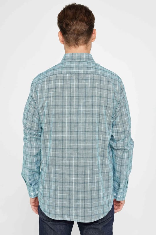 Erkek Regular Fit Klasik Kesim Oversize %100 Pamuk Keten Doku Tek Cep Kareli Düğmeli Yaka Gömlek