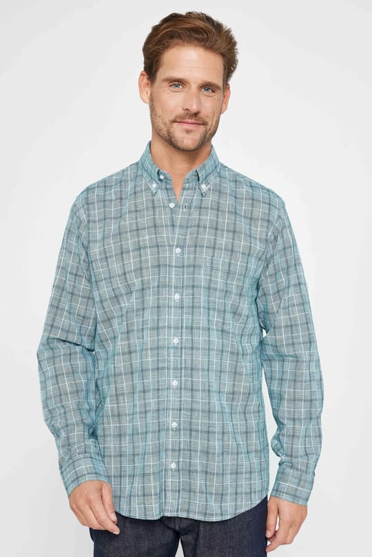 Erkek Regular Fit Klasik Kesim Oversize %100 Pamuk Keten Doku Tek Cep Kareli Düğmeli Yaka Gömlek