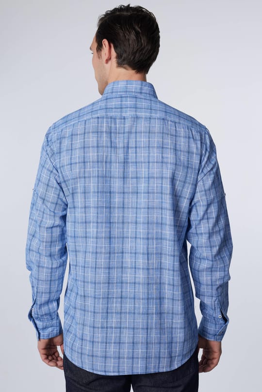Erkek Regular Fit Klasik Kesim Oversize %100 Pamuk Keten Doku Tek Cep Kareli Düğmeli Yaka Gömlek