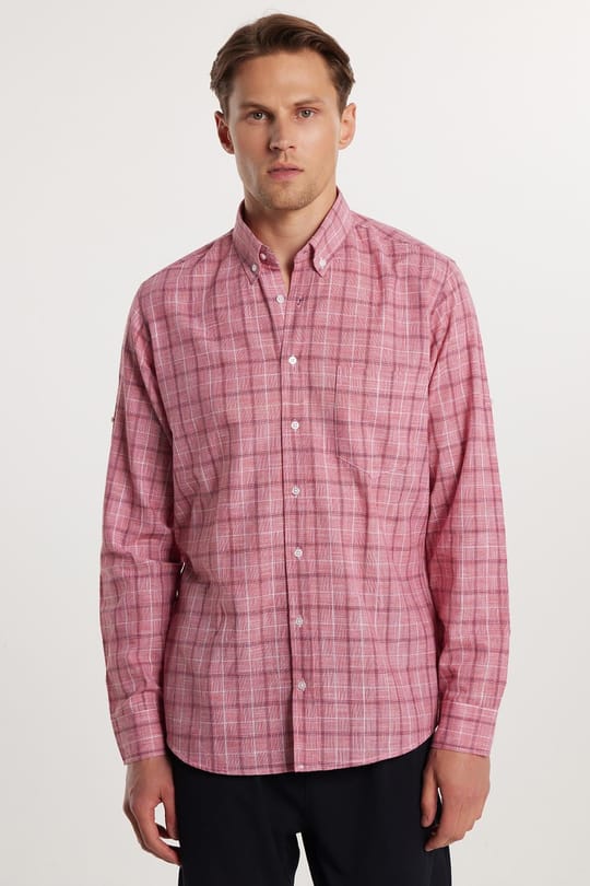 Erkek Regular Fit Klasik Kesim Oversize %100 Pamuk Keten Doku Tek Cep Kareli Düğmeli Yaka Gömlek