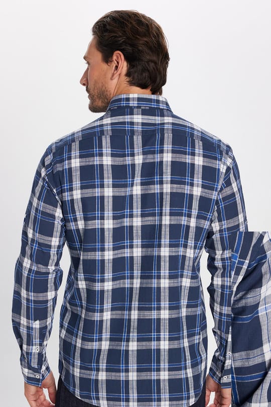 Erkek Regular Fit Klasik Kesim Oversize %100 Pamuk Keten Doku Tek Cep Kareli Düğmeli Yaka Gömlek