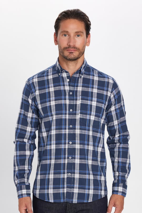 Erkek Regular Fit Klasik Kesim Oversize %100 Pamuk Keten Doku Tek Cep Kareli Düğmeli Yaka Gömlek