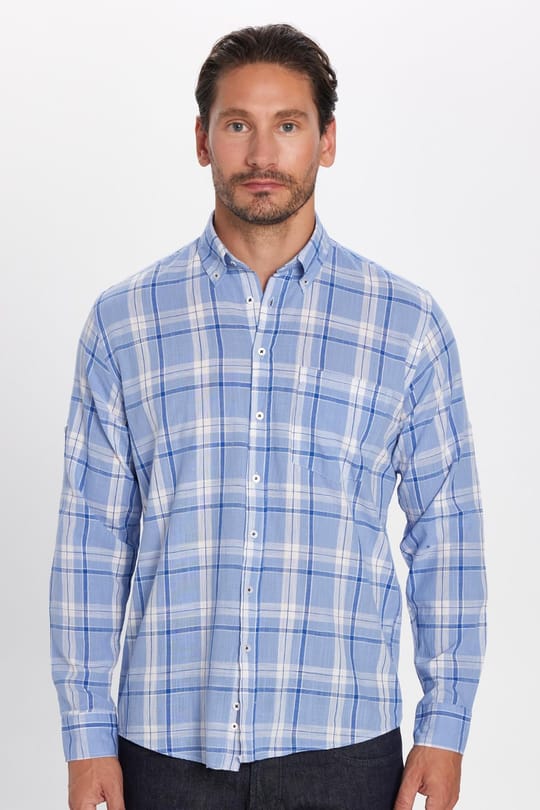 Erkek Regular Fit Klasik Kesim Oversize %100 Pamuk Keten Doku Tek Cep Kareli Düğmeli Yaka Gömlek