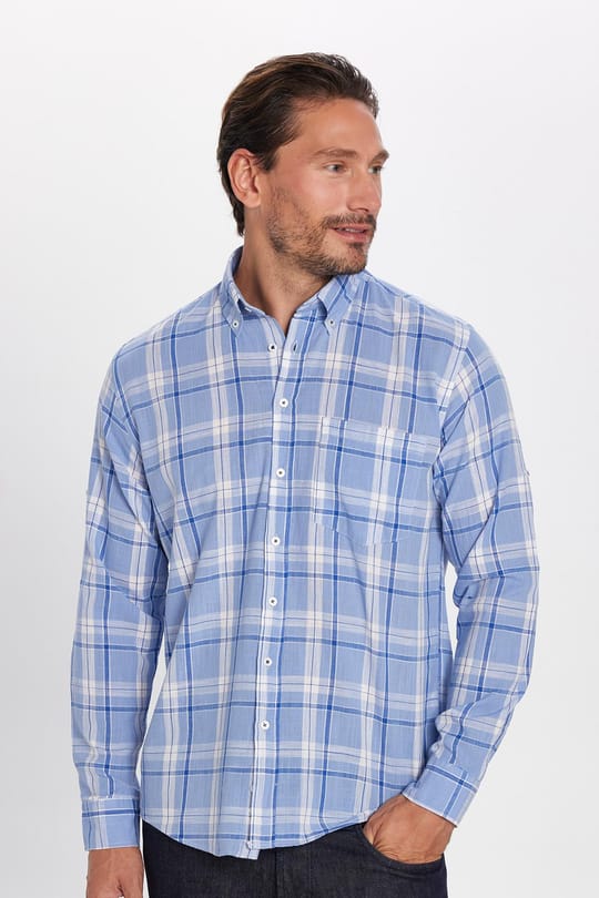 Erkek Regular Fit Klasik Kesim Oversize %100 Pamuk Keten Doku Tek Cep Kareli Düğmeli Yaka Gömlek