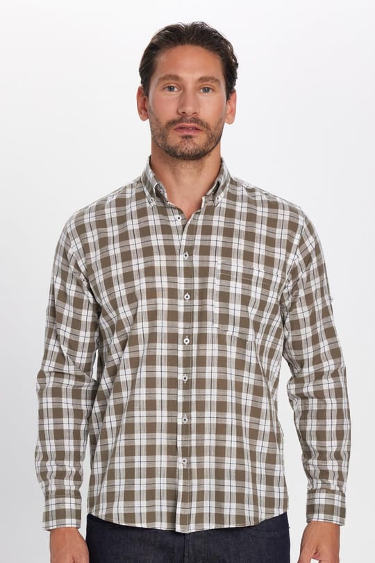Erkek Regular Fit Klasik Kesim Oversize %100 Pamuk Keten Doku Tek Cep Kareli Düğmeli Yaka Gömlek