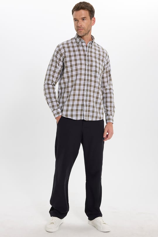 Erkek Regular Fit Klasik Kesim Oversize %100 Pamuk Keten Doku Tek Cep Kareli Düğmeli Yaka Gömlek