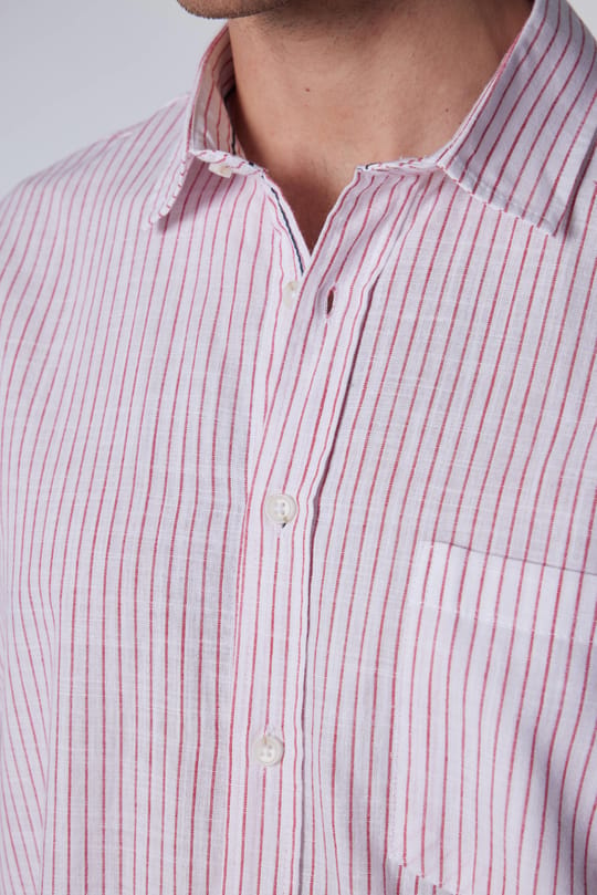 Erkek Regular Fit Klasik Kesim Oversize %100 Pamuk Keten Doku Tek Cepli Çizgili Beyaz Gömlek