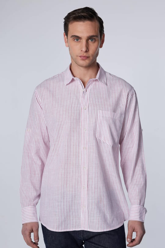 Erkek Regular Fit Klasik Kesim Oversize %100 Pamuk Keten Doku Tek Cepli Çizgili Beyaz Gömlek