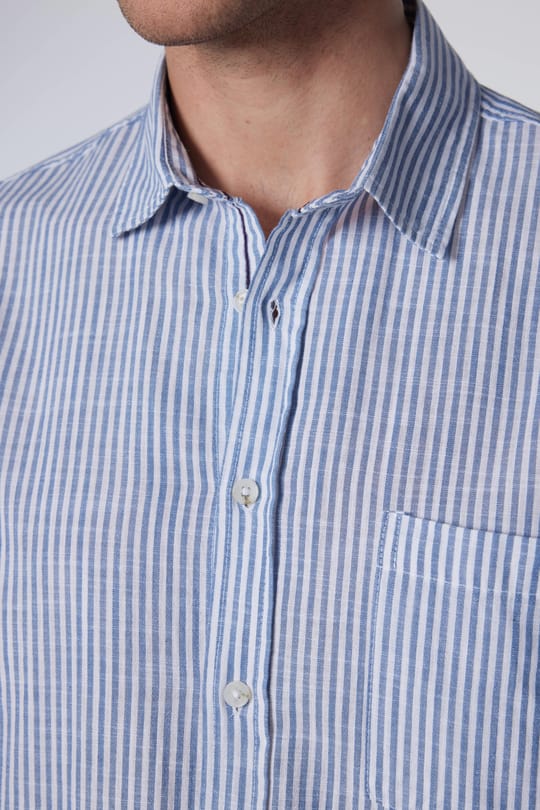 Erkek Regular Fit Klasik Kesim Oversize %100 Pamuk Keten Doku Tek Cepli Çizgili Beyaz Gömlek