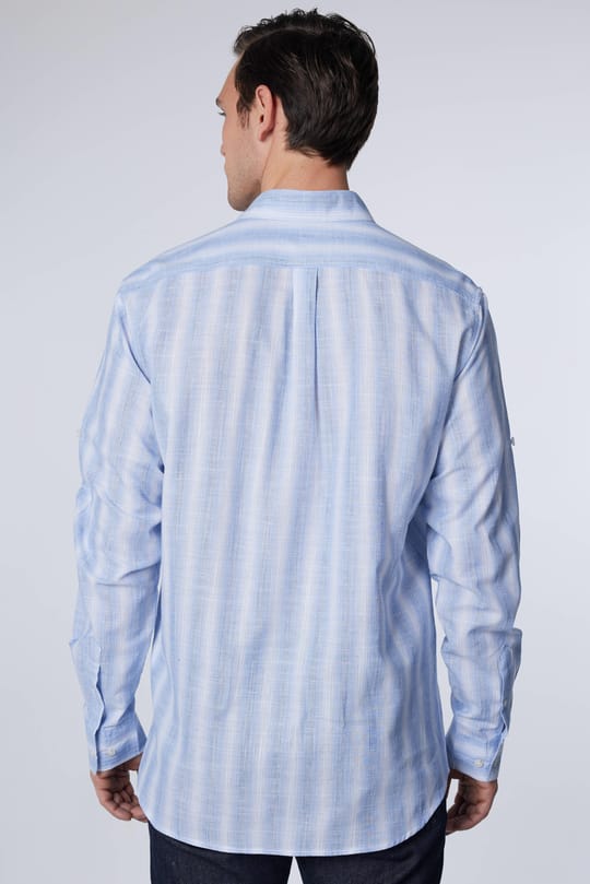Erkek Regular Fit Klasik Kesim Oversize %100 Pamuk Keten Doku Tek Cepli Çizgili Gömlek
