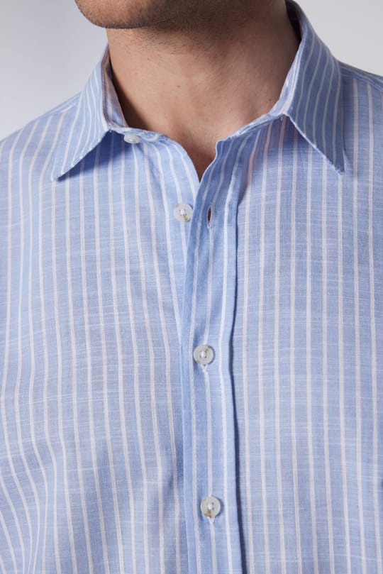 Erkek Regular Fit Rahat Kesim Oversize %100 Pamuk Keten Doku Çizgili Gömlek