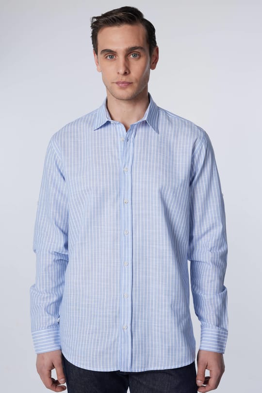 Erkek Regular Fit Rahat Kesim Oversize %100 Pamuk Keten Doku Çizgili Gömlek