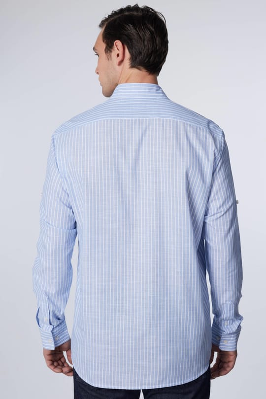 Erkek Regular Fit Rahat Kesim Oversize %100 Pamuk Keten Doku Çizgili Gömlek